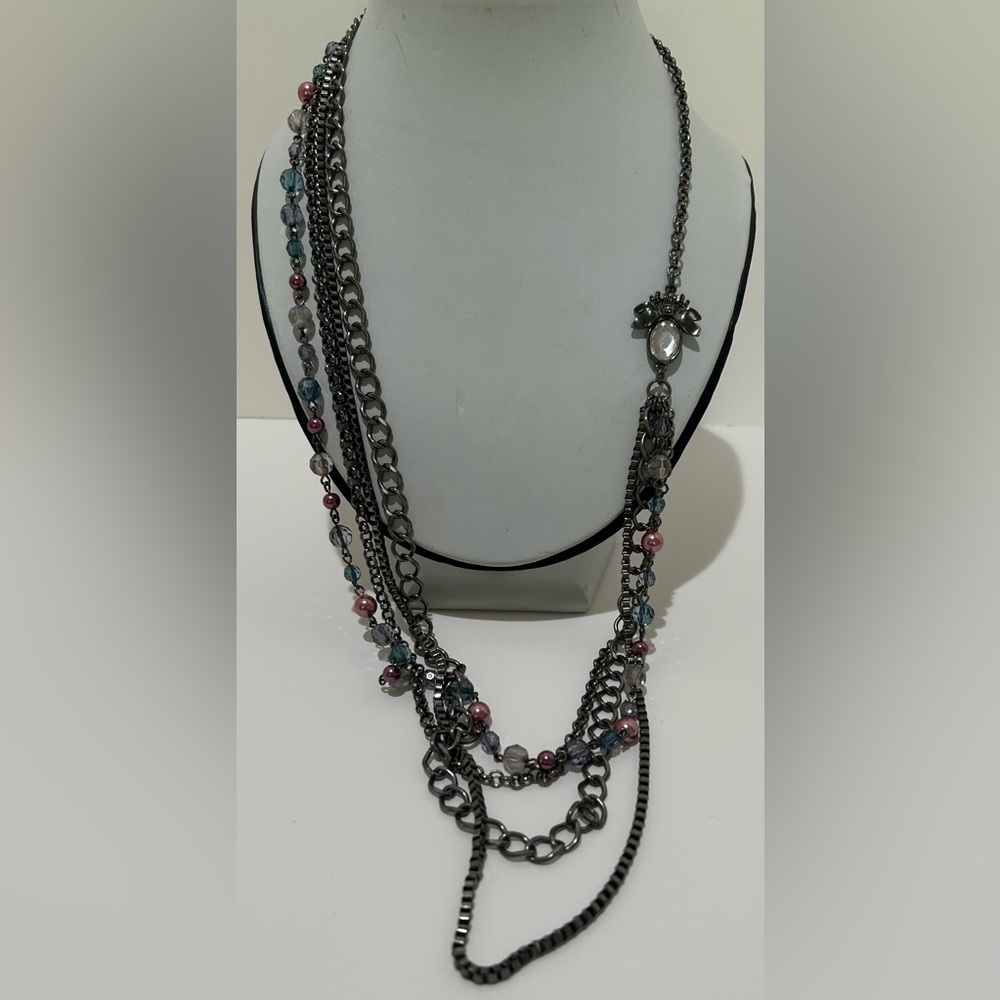Multi-Strand boho-chic gunmetal-tone chain statement Necklace